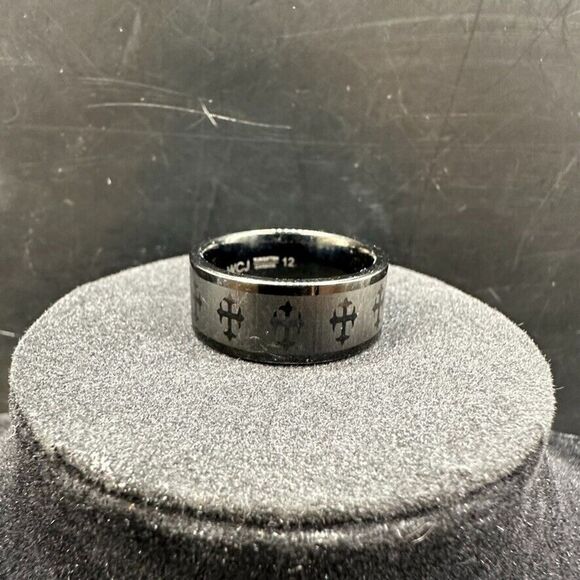 Tungsten Carbide Mens Ring Size 12 Black Band Laser Cross Design - Picture 5 of 6